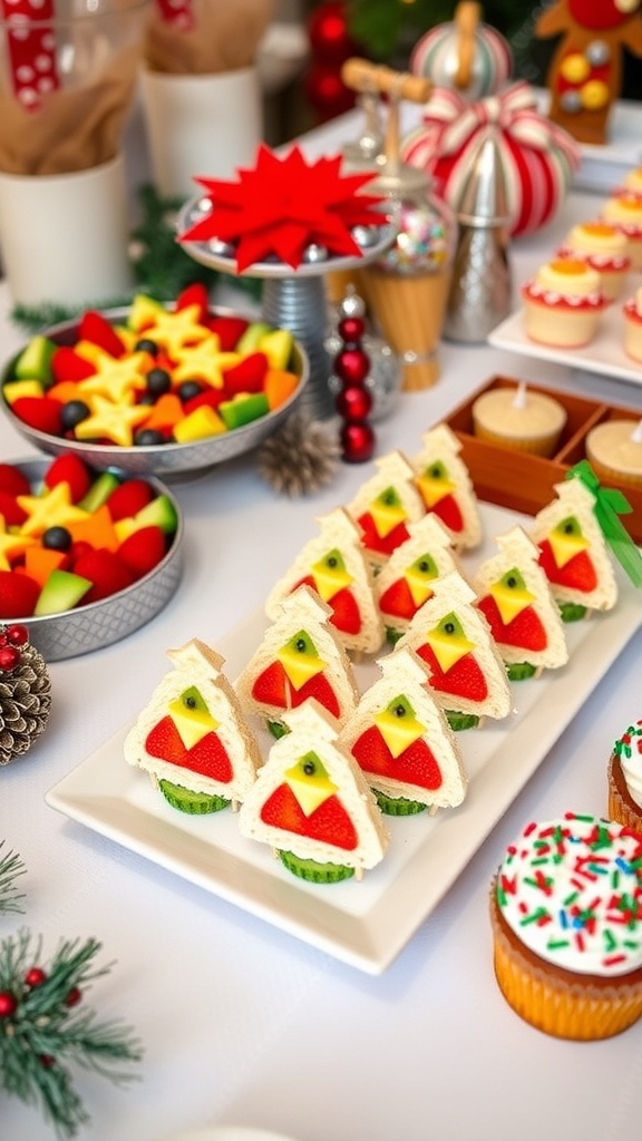 A festive table with Christmas party food for kids, including fruit skewers, mini sandwiches, and holiday cupcakes.